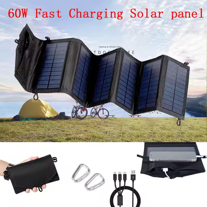 Portable 60W Solar Panel - Monocrystalline Silicon, Foldable, Lightweight